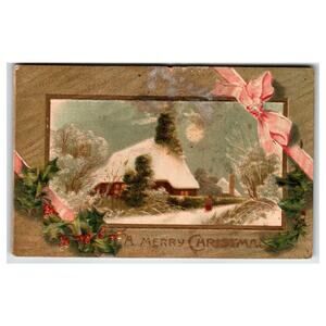 Vintage Christmas Snowy Cottage Postcard with Holly and Ribbon